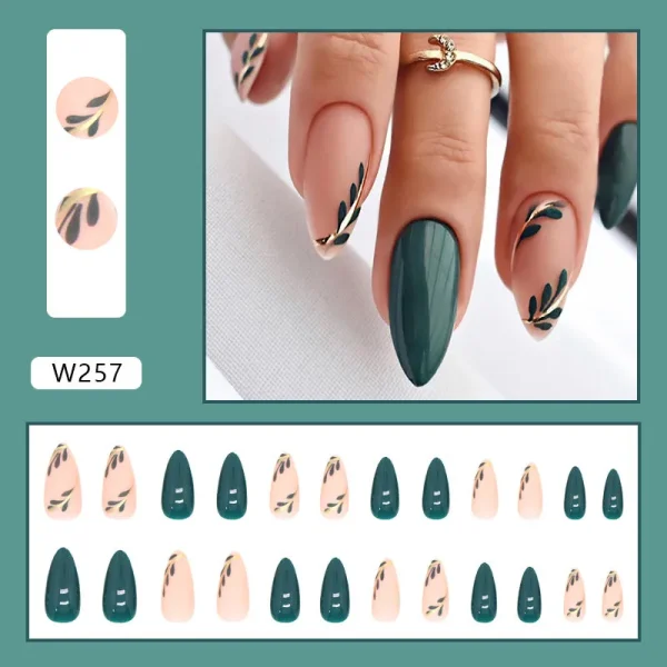 M80 Green forest leaves Almond Medium Summer nails-2