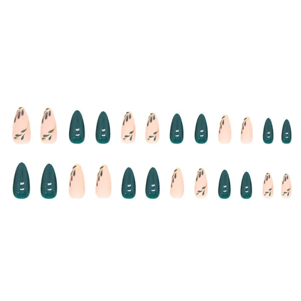 M80 Green forest leaves Almond Medium Summer nails-3