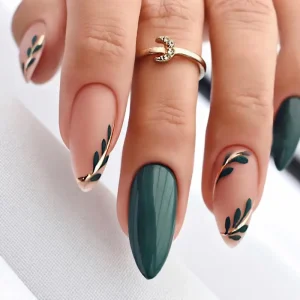 M80 Green forest leaves Almond Medium Summer nails