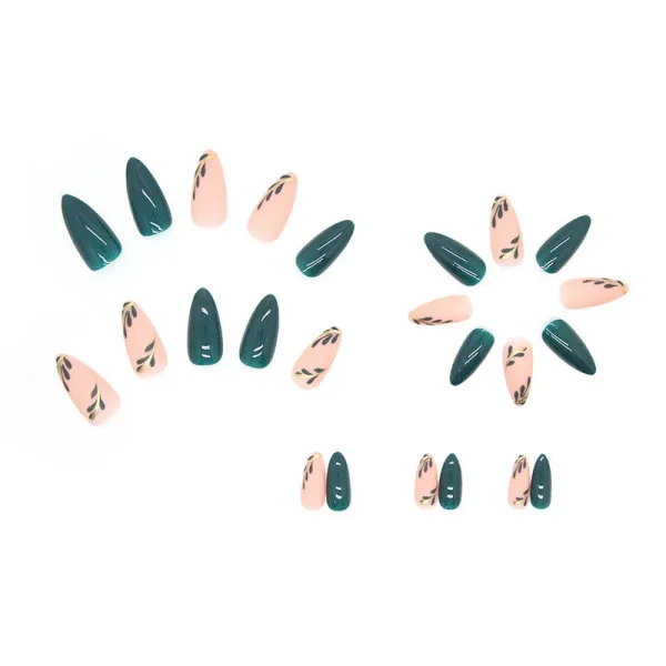 M80 Green forest leaves Almond Medium Summer nails-4